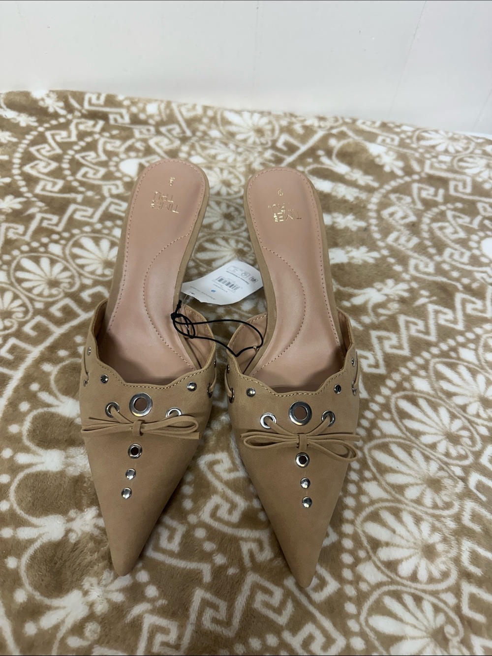 Time and Tru Pointed Mule Slides in Taupe with Silver Eyelet Accents